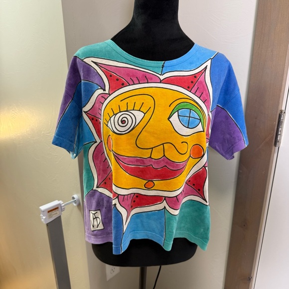 Tops - Vintage Allover Print Sun Hand Painted Cotton Shirt Hippie Festival 90s Colorful